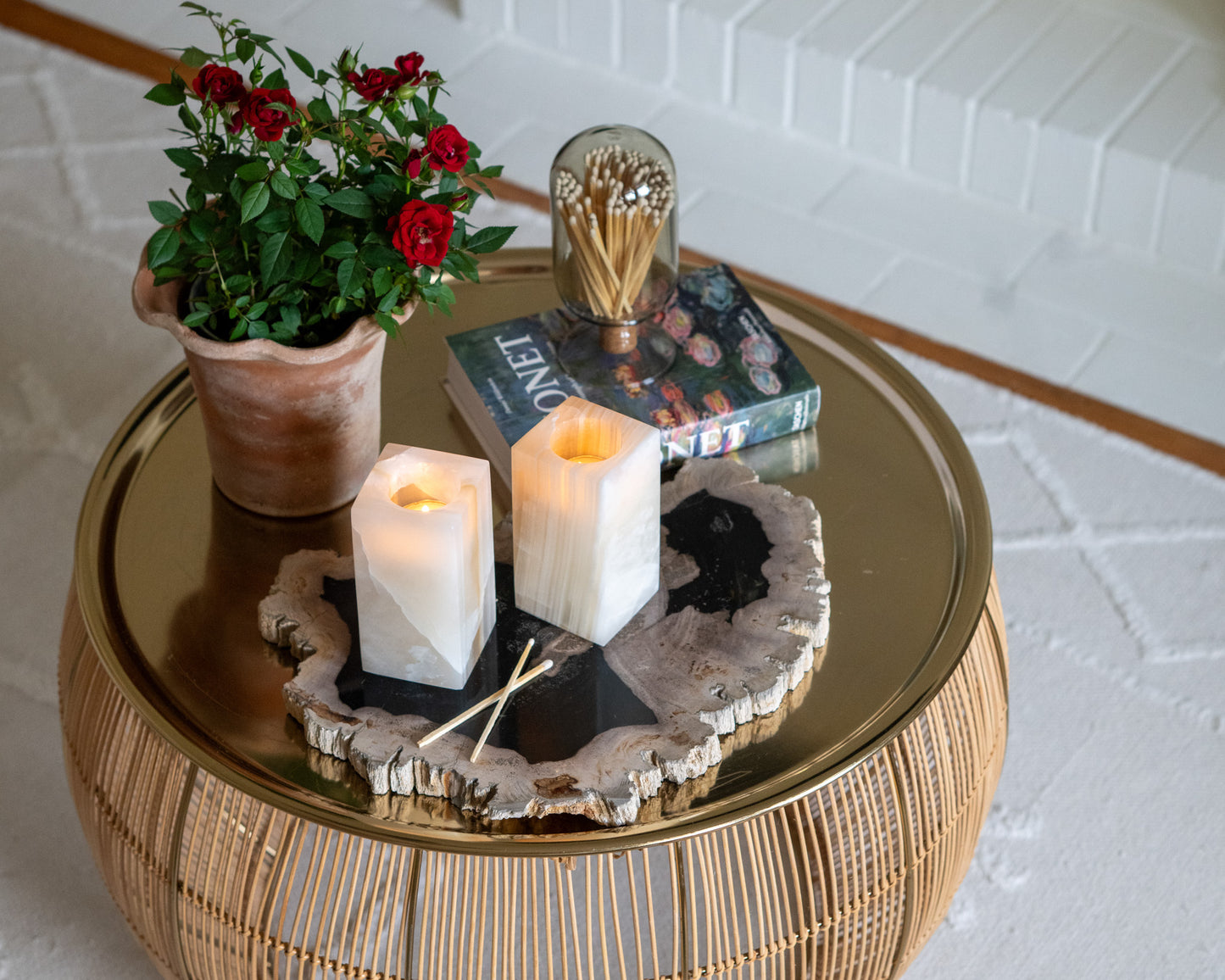 Polished amber onyx votive holder for organic luxury interiors