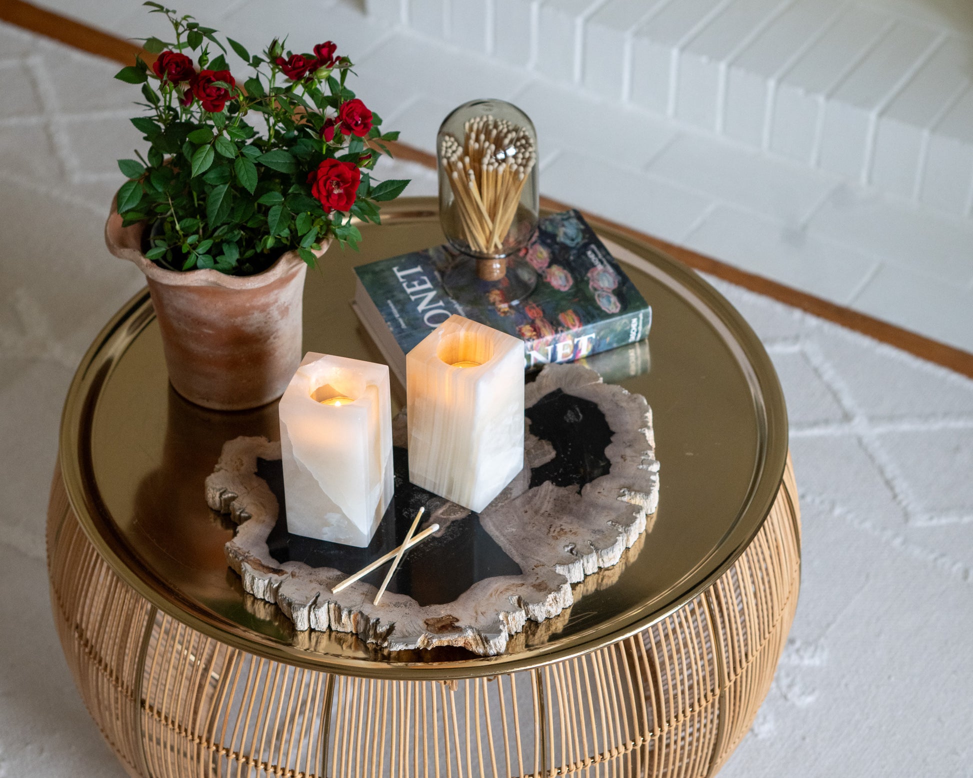 Polished amber onyx votive holder for organic luxury interiors
