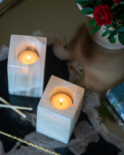 Luxury amber onyx votive holder with unique natural veining