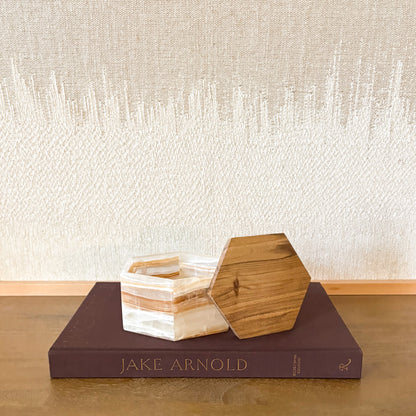 Amber onyx hexagonal keepsake box with wooden top, artisan stone container