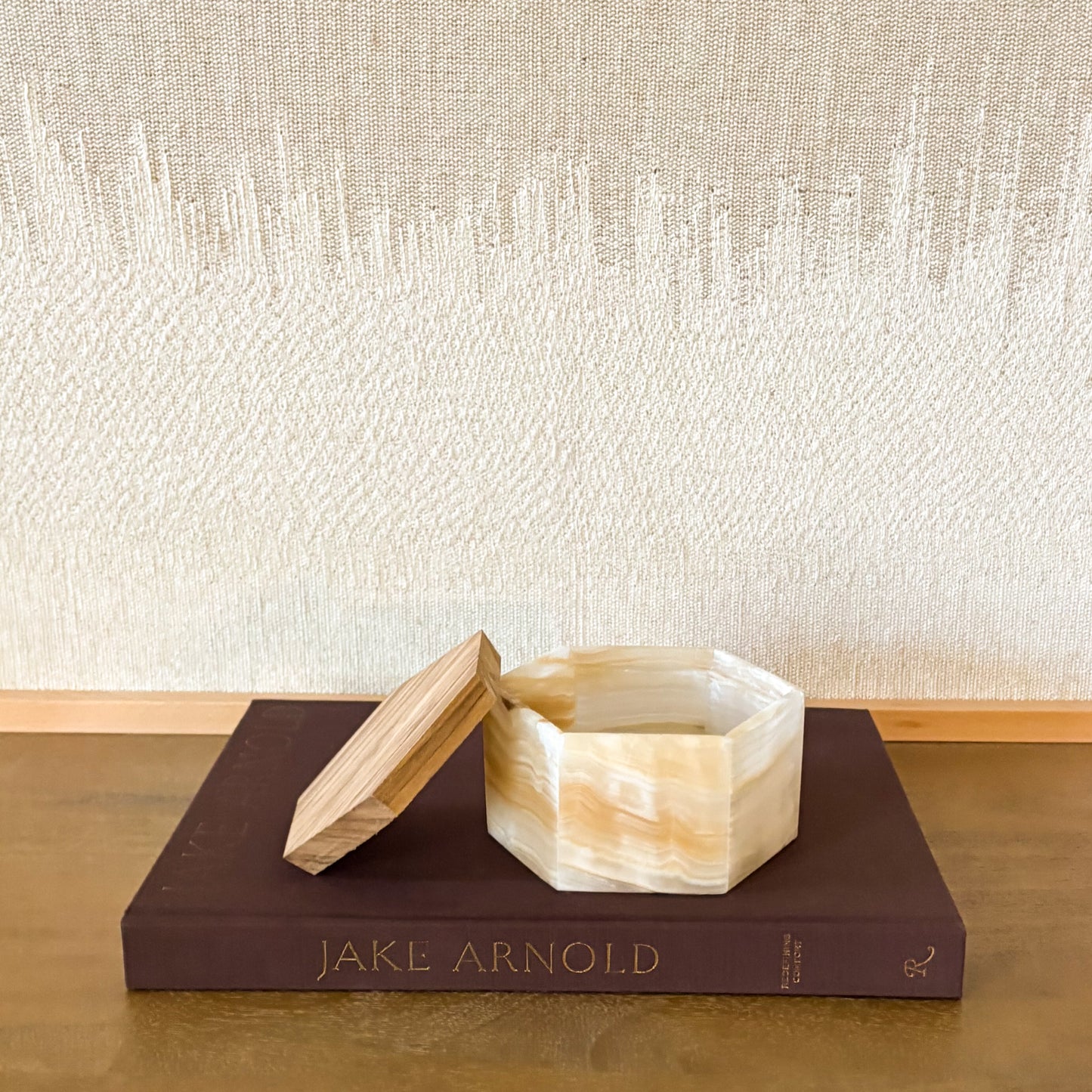 Premium handmade amber onyx box with hexagonal shape and wooden lid, elegant home décor