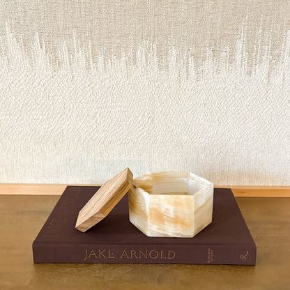 Premium handmade amber onyx box with hexagonal shape and wooden lid, elegant home décor
