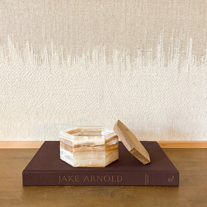 Luxury handmade amber onyx hexagon box with natural wooden lid, decorative stone container