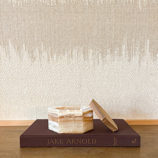 Amber onyx hexagonal box with wooden lid, decorative gemstone storage box