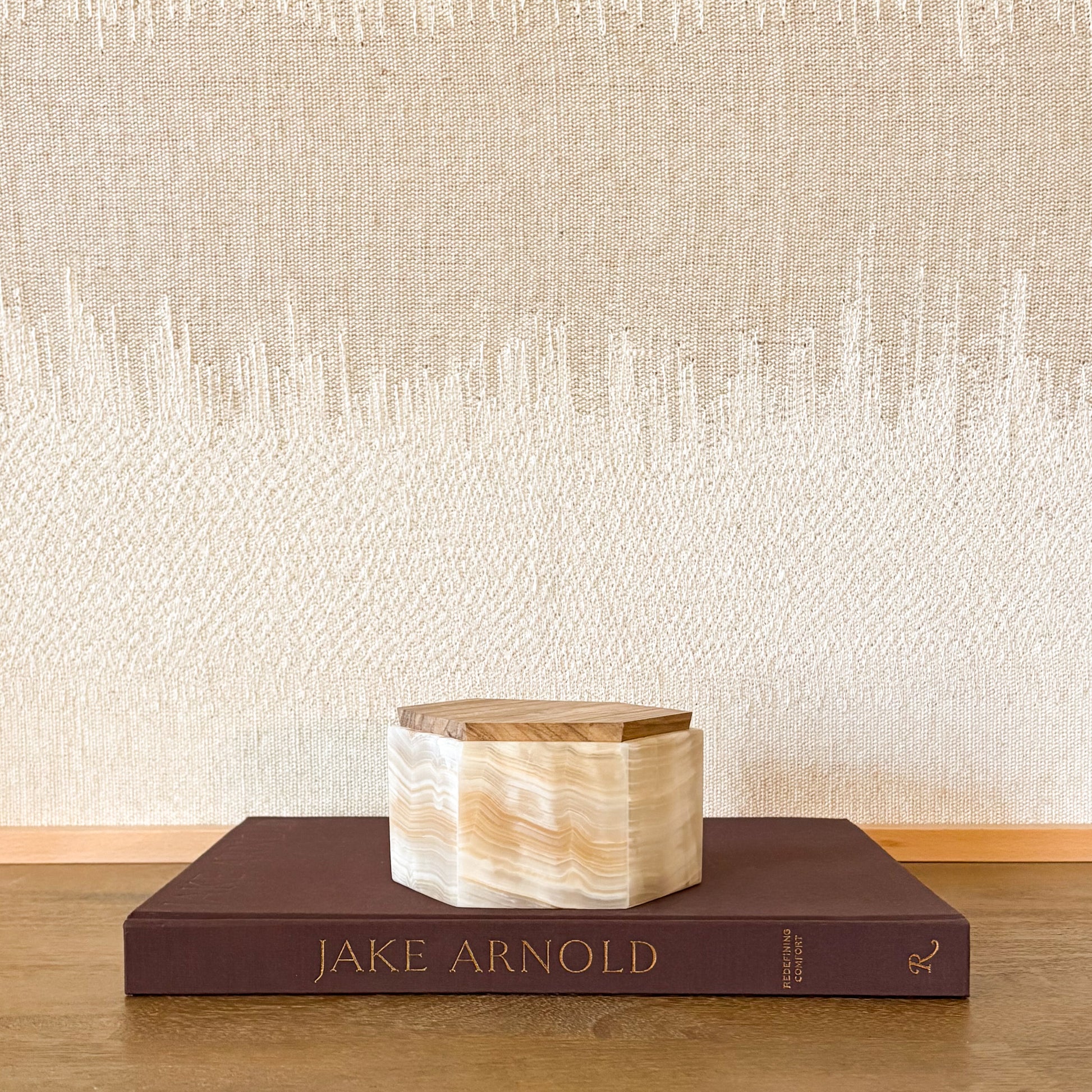 Luxury amber onyx hexagonal container with wooden lid, gemstone décor box