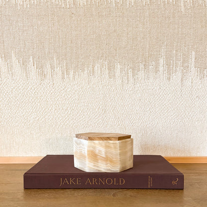 Luxury amber onyx hexagonal container with wooden lid, gemstone décor box