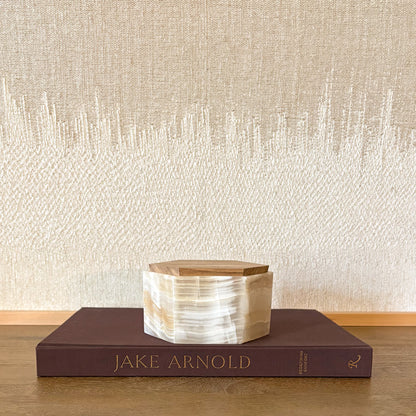 Handcrafted amber onyx hexagonal keepsake box with wood lid, luxury décor accent