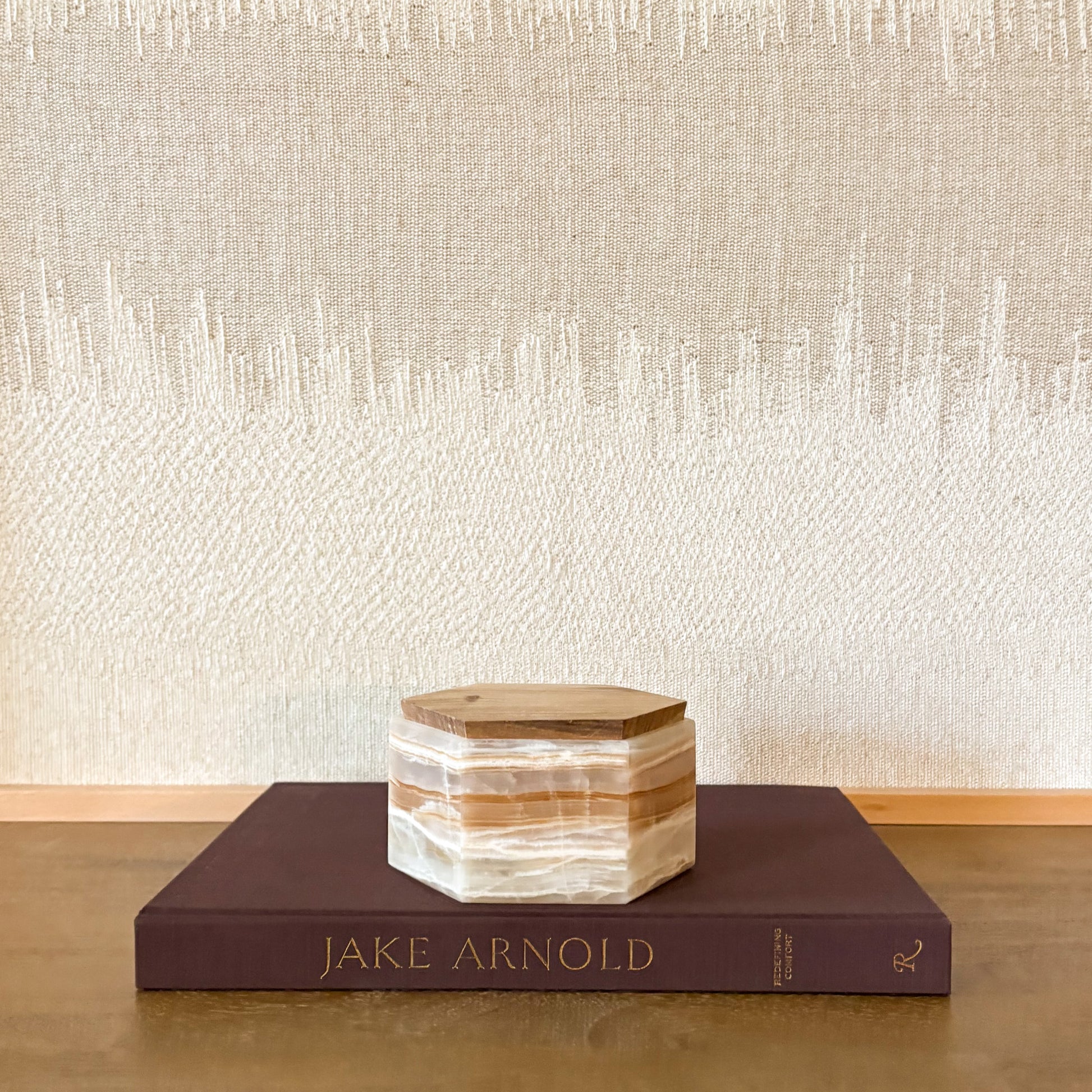 Natural amber onyx stone box with hexagonal shape and wooden lid, home décor piece