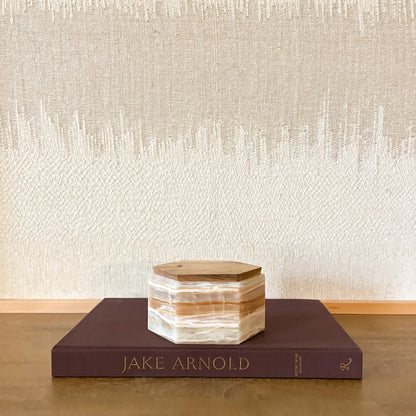 Natural amber onyx stone box with hexagonal shape and wooden lid, home décor piece
