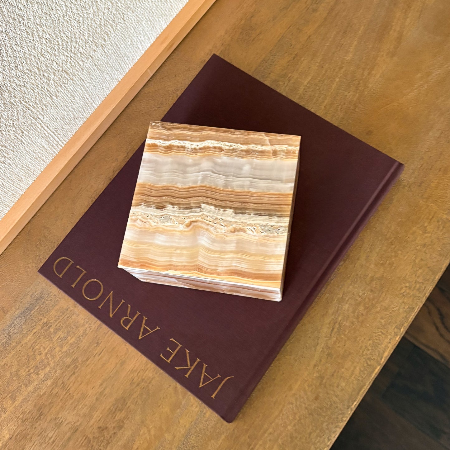 Handcrafted amber onyx rectangular jewelry box with lid
