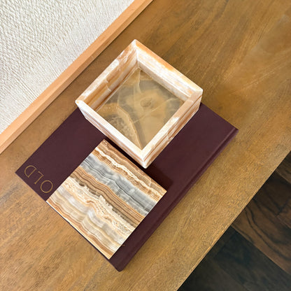 Amber onyx rectangular stone box with honey and cream veining