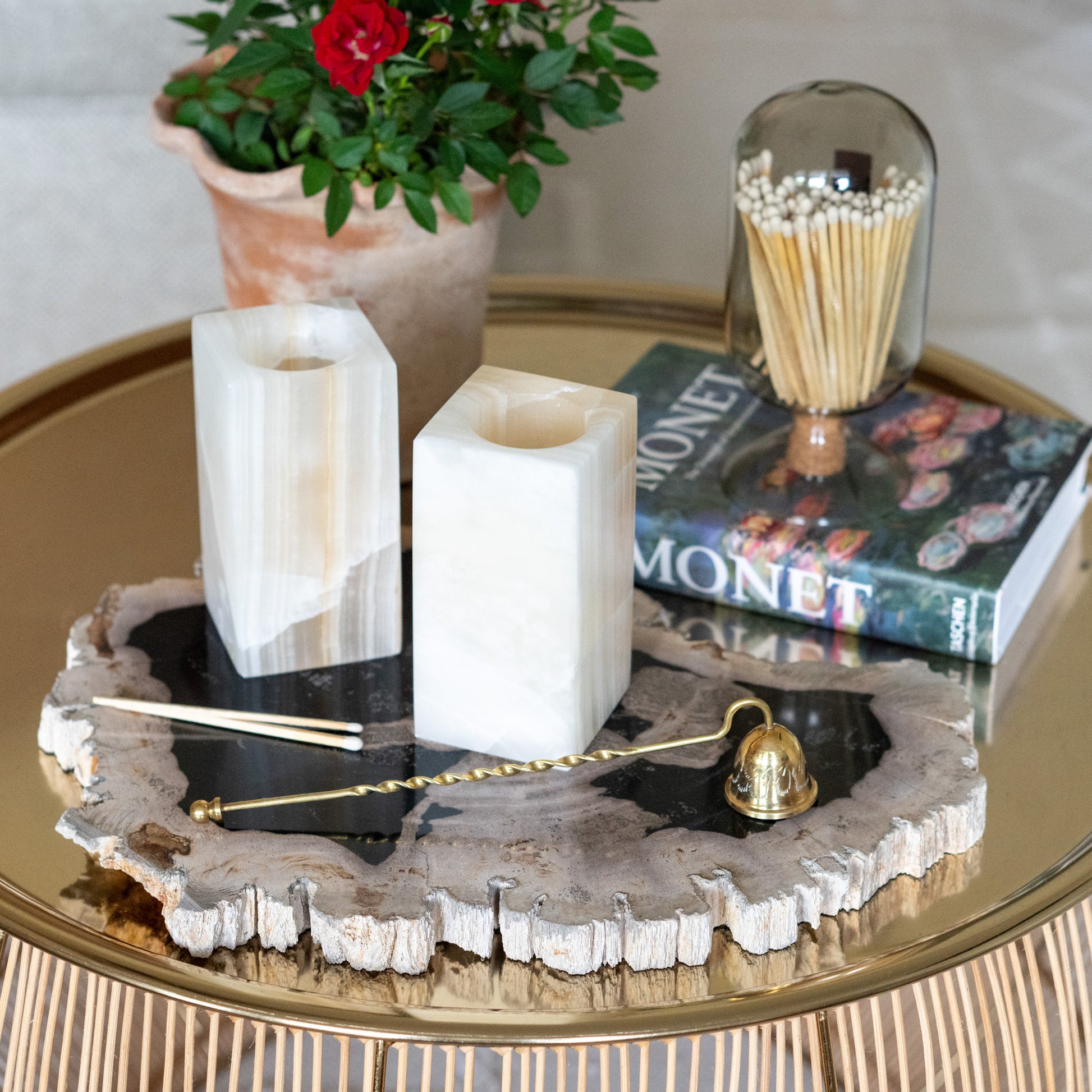 Luxury amber onyx candle holders styled in elegant living room décor