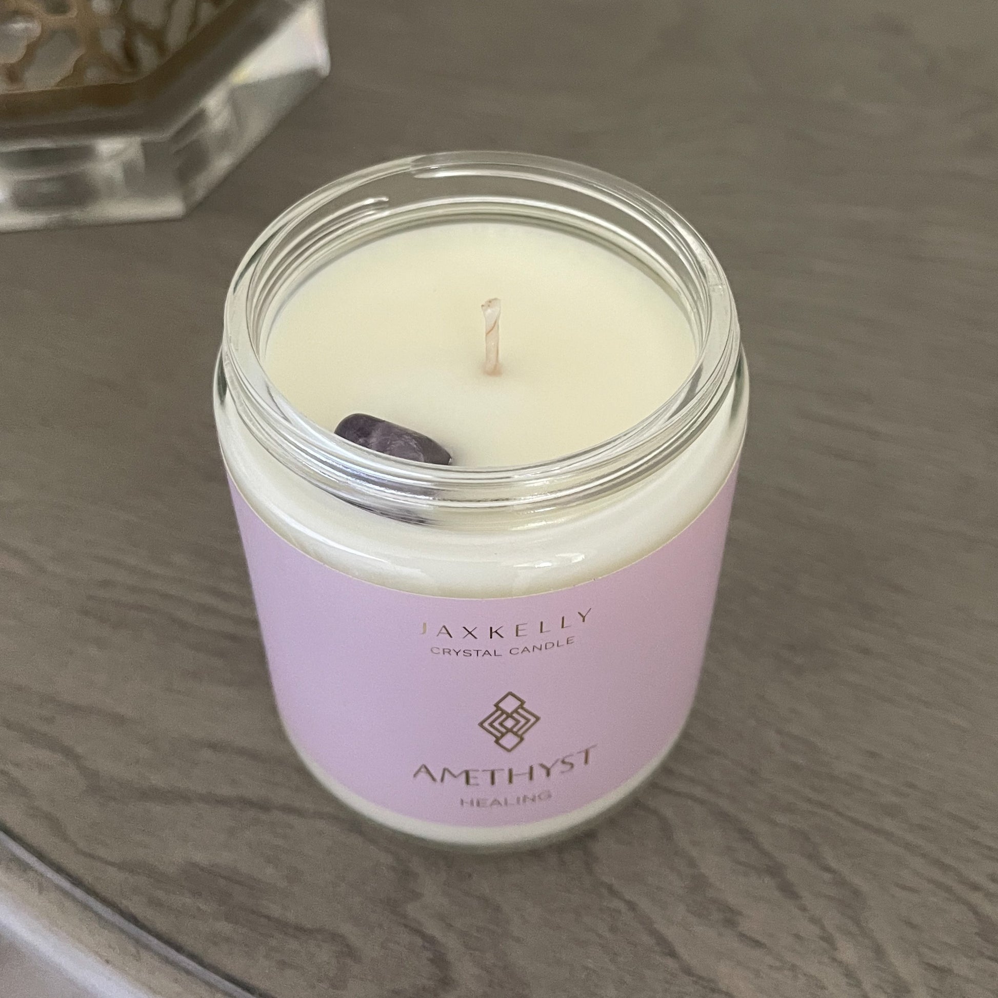 amber scented candle, healing amethyst crystal candle