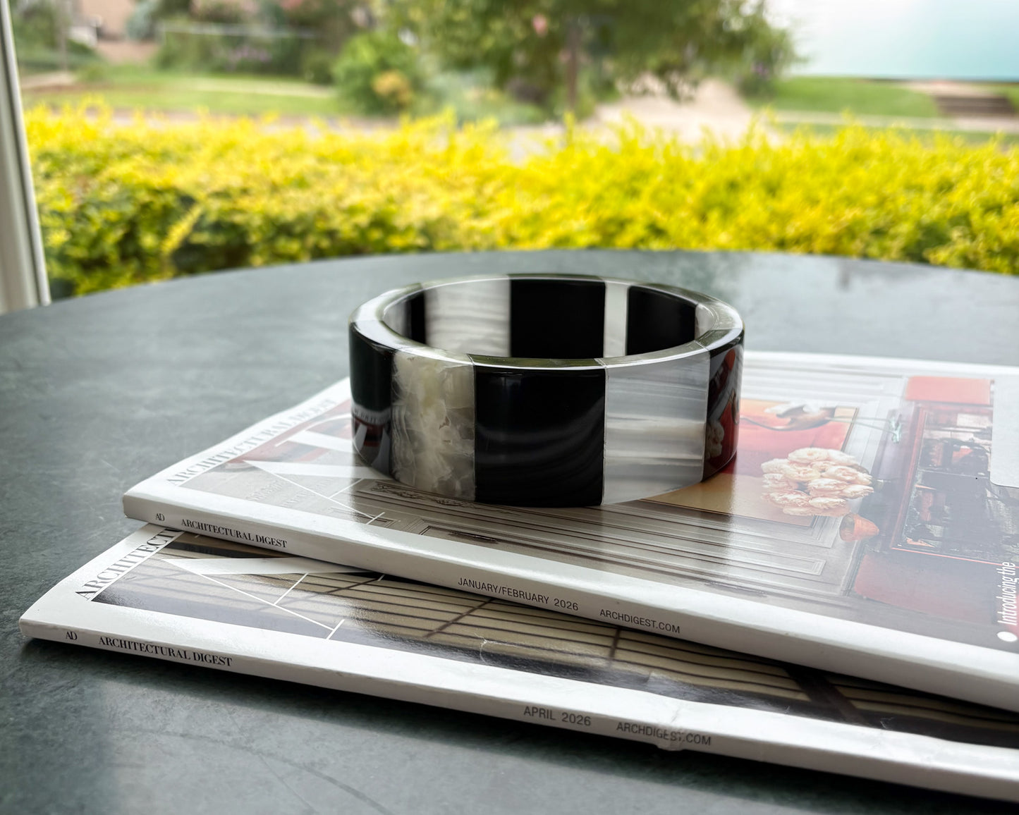 Handcrafted black and white onyx checker dish for vanity decor
