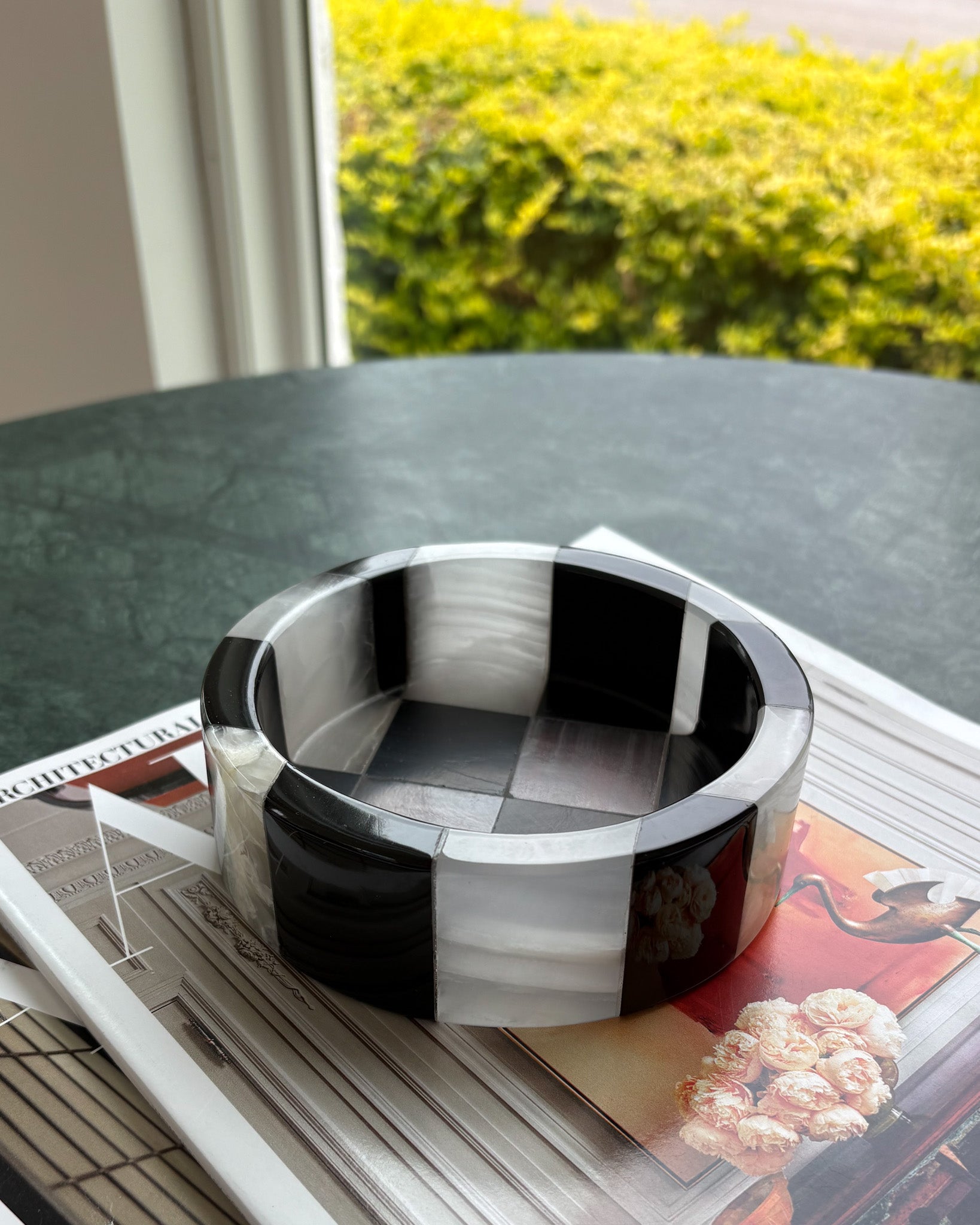 Decorative stone jewelry dish made from genuine black and white onyx