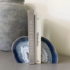 natural blue agate geode bookend pair, modern office decor, modern bookshelf decor