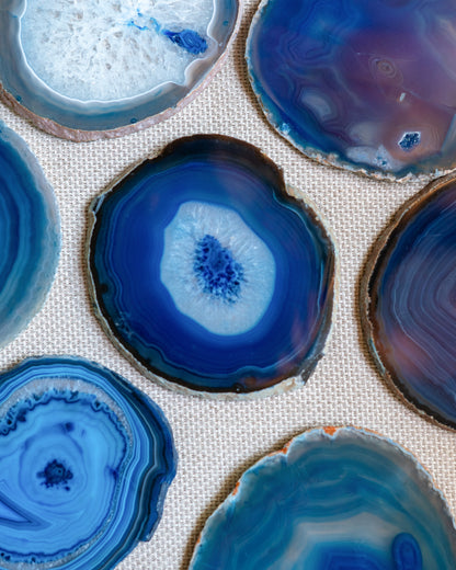 Blue agate slice coaster set with polished finish