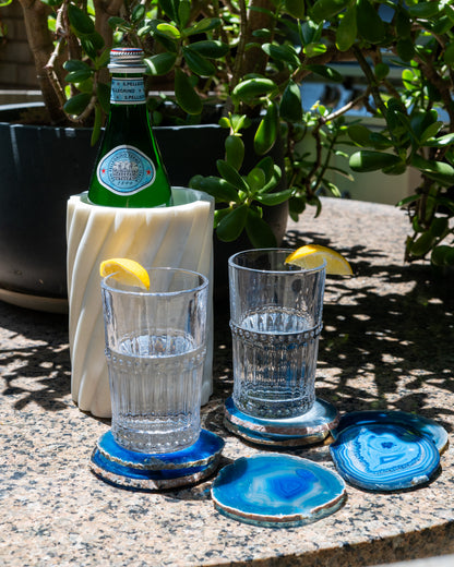 Vibrant blue gemstone coasters with natural agate patterns
