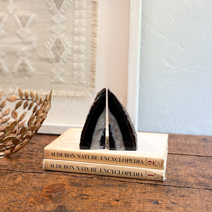 Decorative agate stone on top of two 'Audubon Nature Encyclopedia' books on a wooden surface.