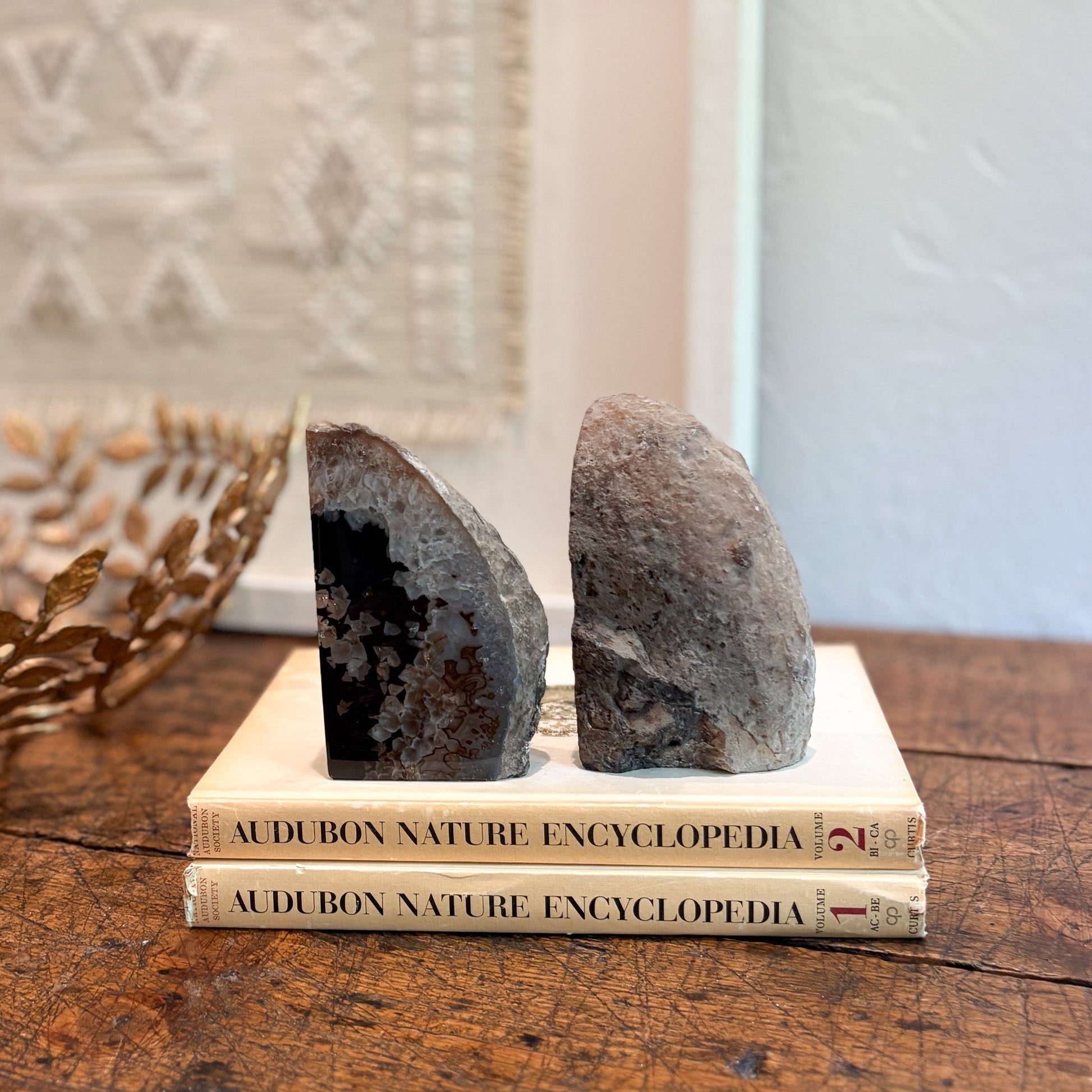brown and white geode bookends
