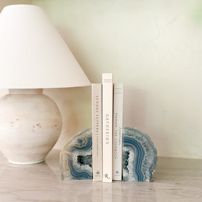 natural blue agate druzy stone bookend pair