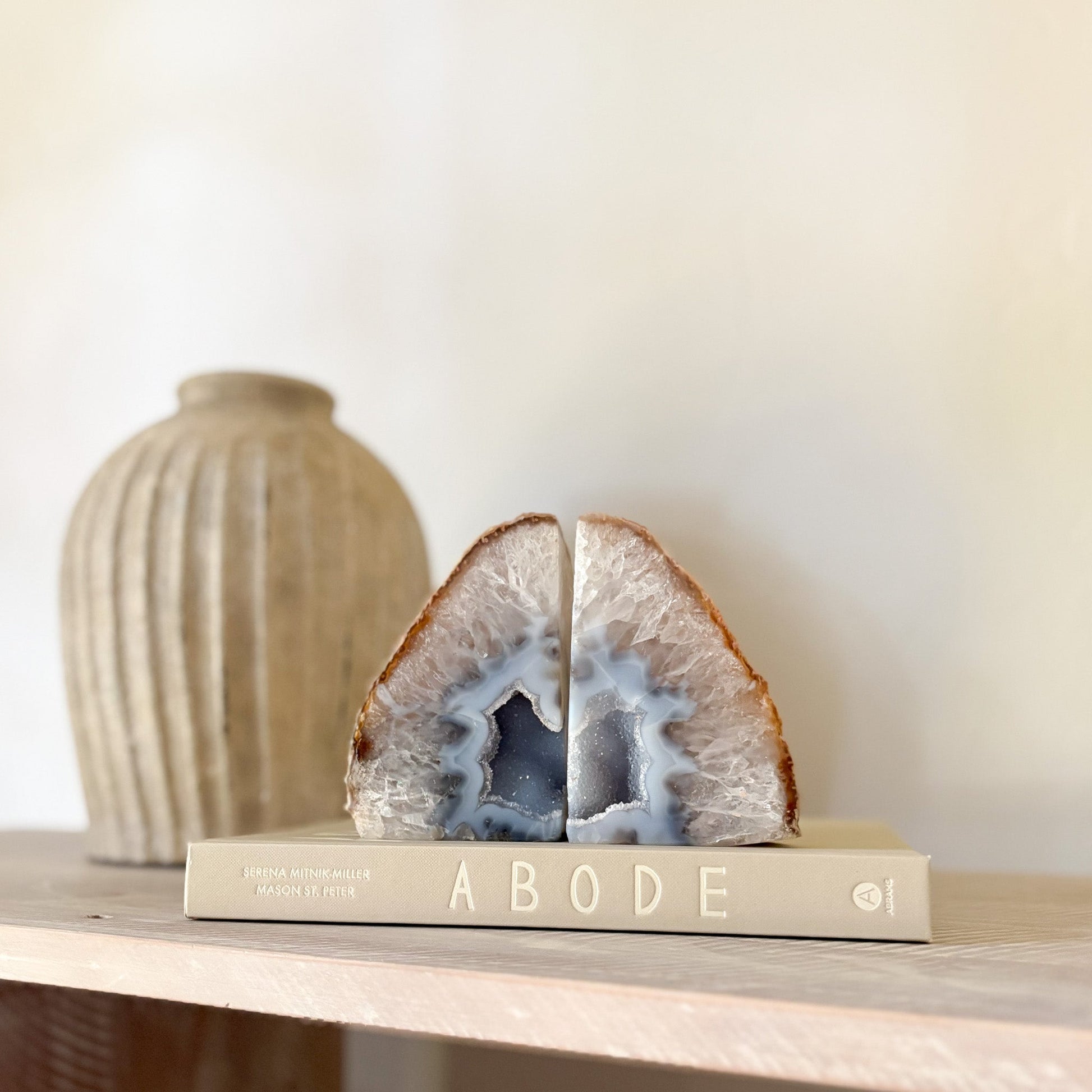 natural blue and white agate geode center bookends