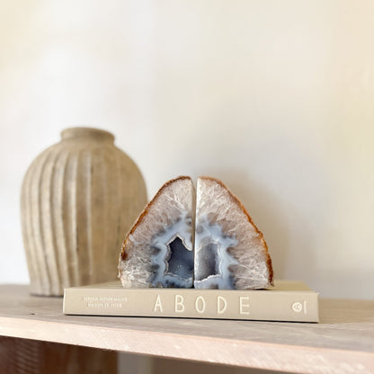 natural blue and white agate geode center bookends
