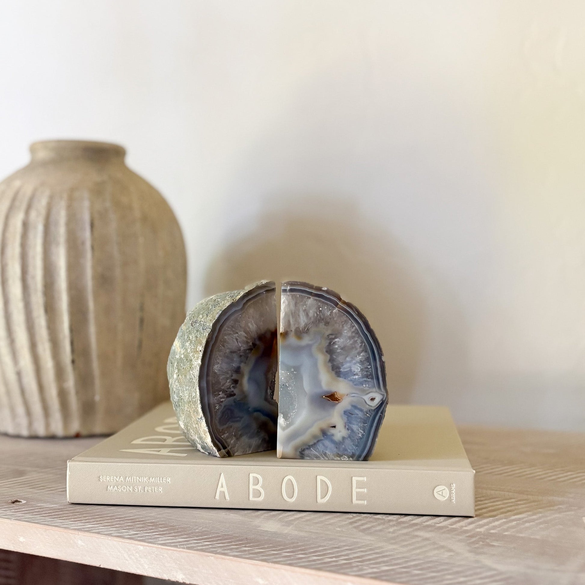 natural blue agate geode center bookend pair