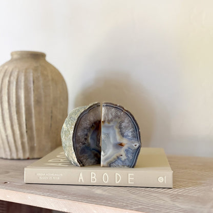 natural blue agate geode center bookend pair