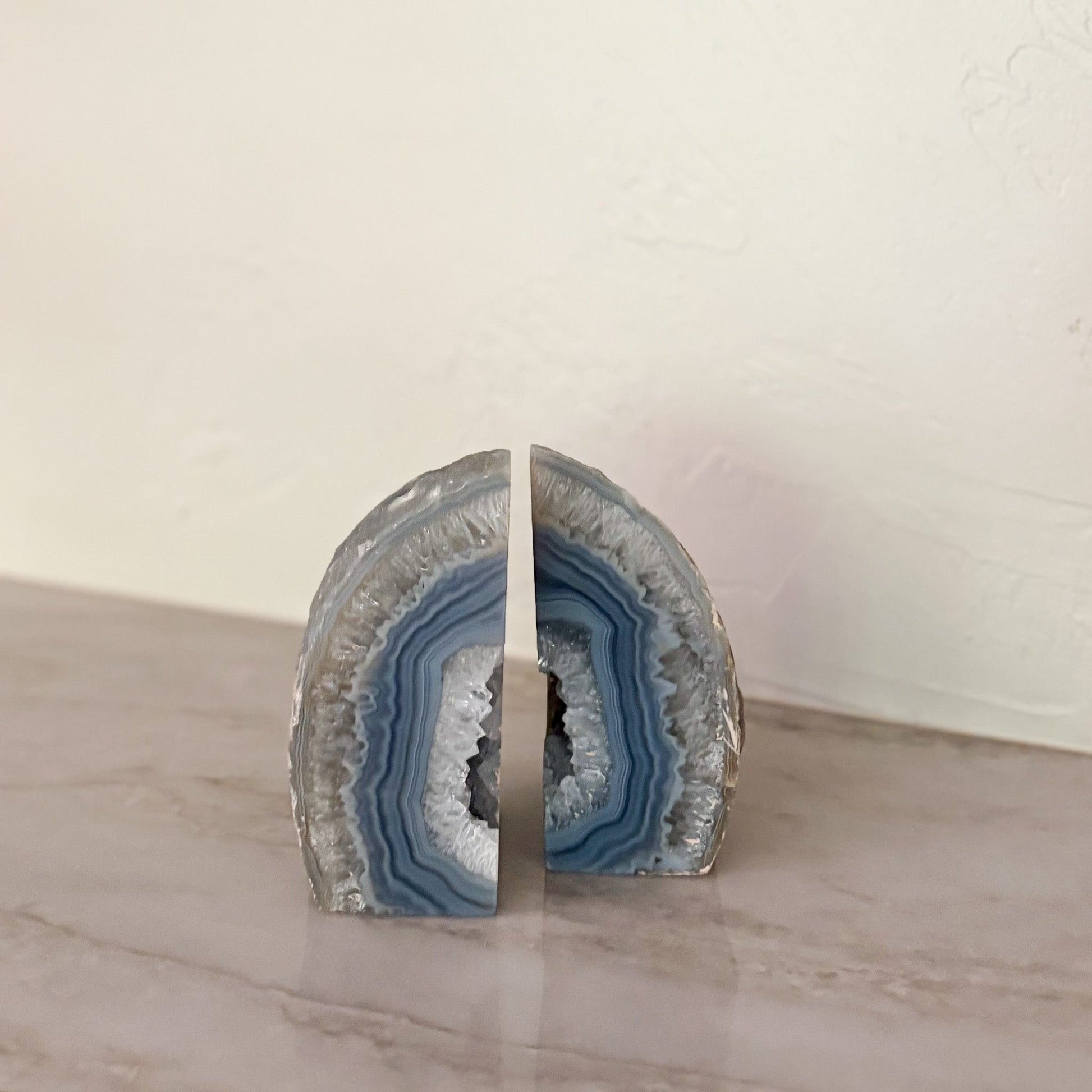 natural blue and grey agate geode bookends