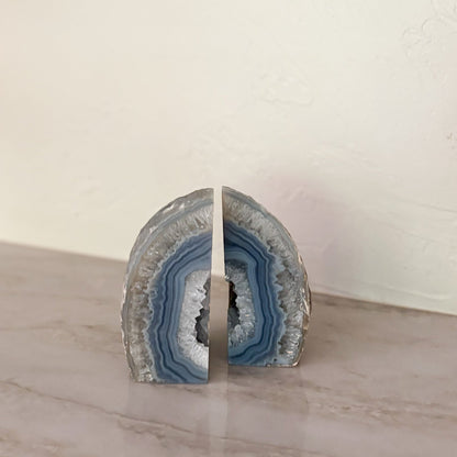natural blue and grey agate geode bookends