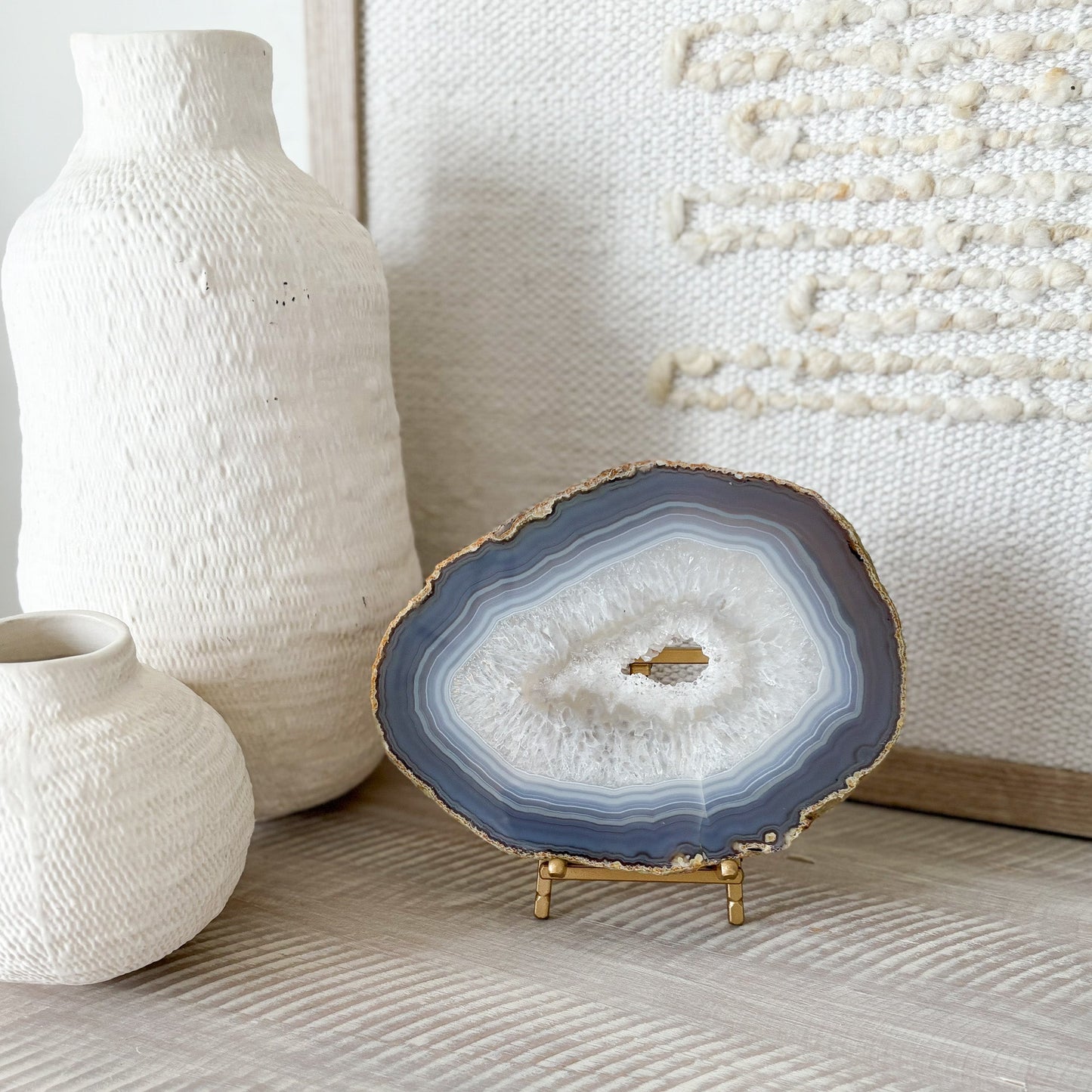 blue and white aate druzy slice, modern organic home decor