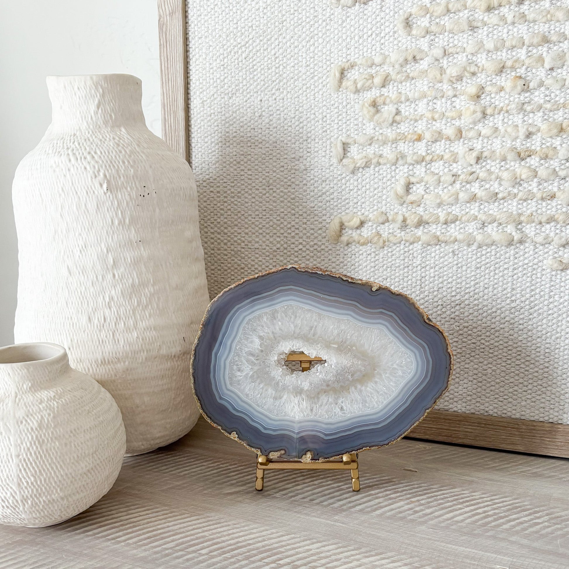 modern organic home accents, modern rustic home decor, blue and white agate geode slice