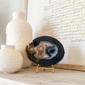 dark blue brazilian agate druzy slice on brass easel stand