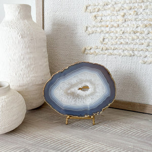 natural blue and white agate geode slice on stand, natural home accents