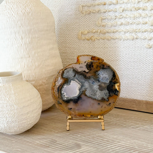 earth tone brazilian agate slice on brass easel stand