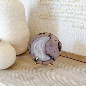 decorative blue agate slice on brass easel stand