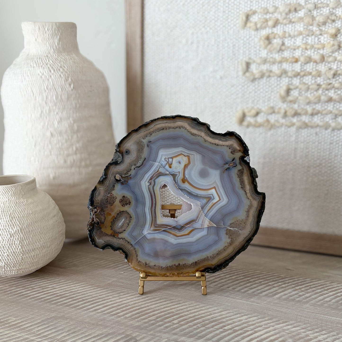 decorative blue agate slice on brass easel stand