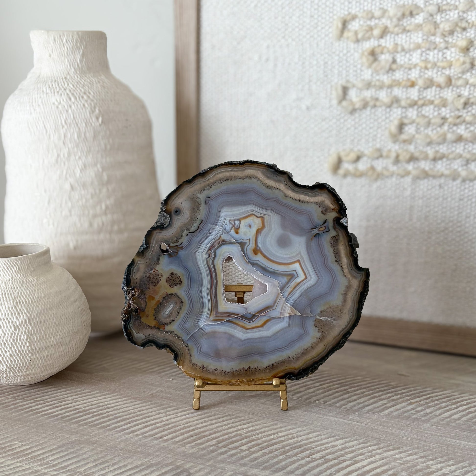 decorative blue agate slice on brass easel stand