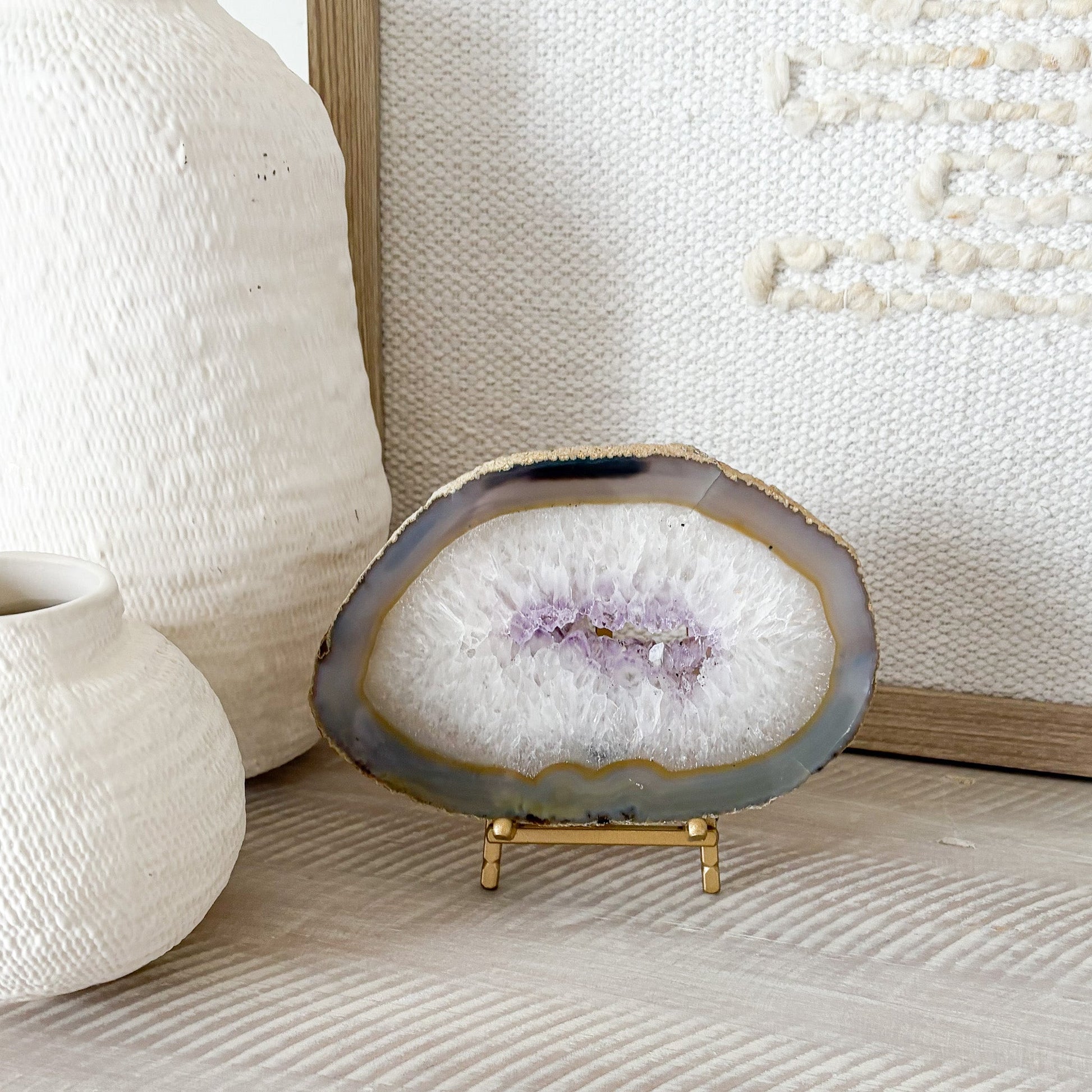 decorative agate geode slice on brass stand, natural stone home accents, modern organic home decor