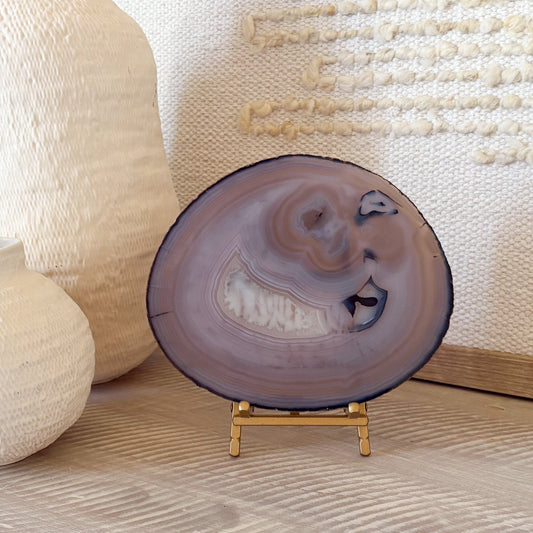 blue agate slice on brass easel stand
