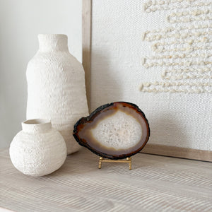 decorative brazilian agate slice on brass easel stand, natural home decor