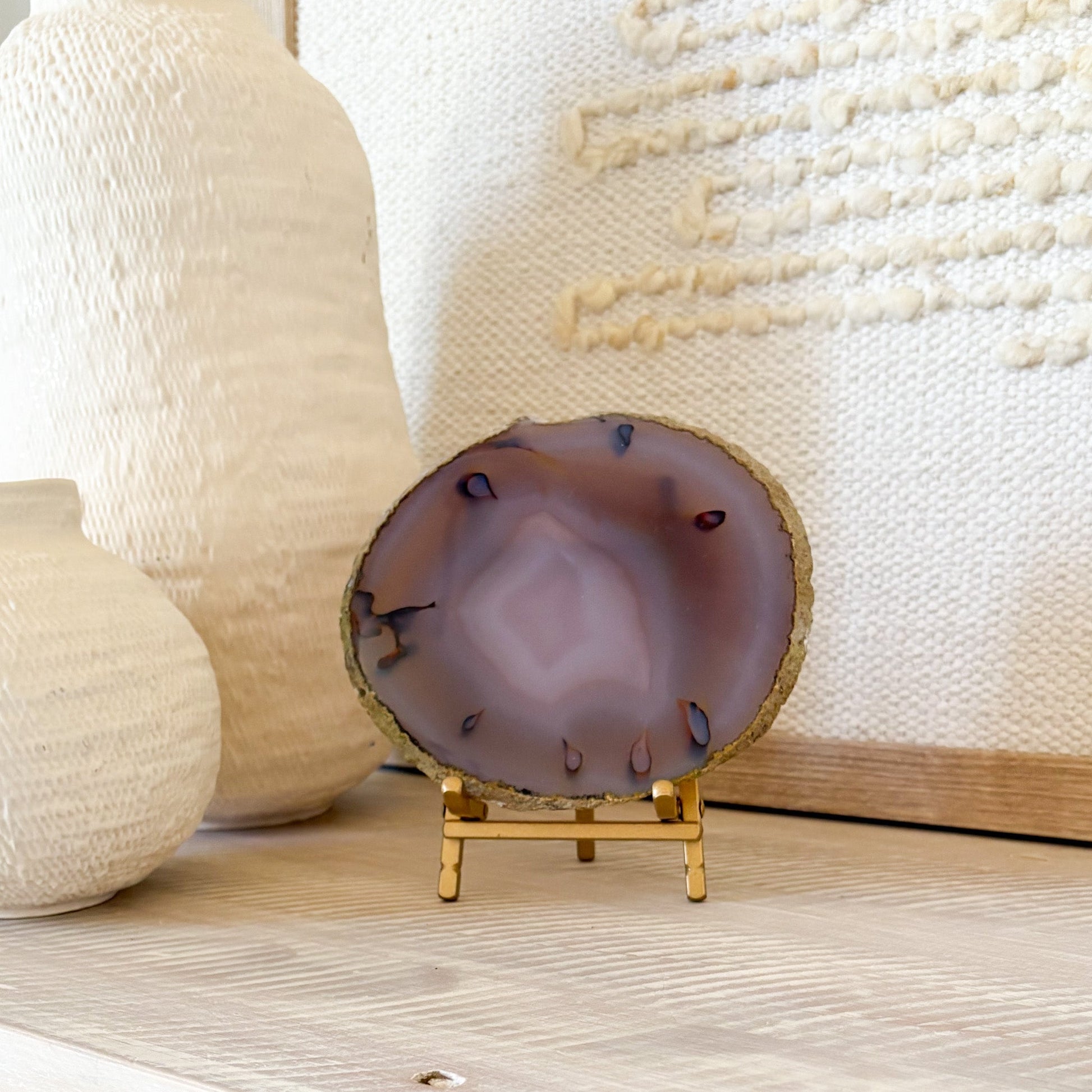 decorative blue agate slice on brass stand