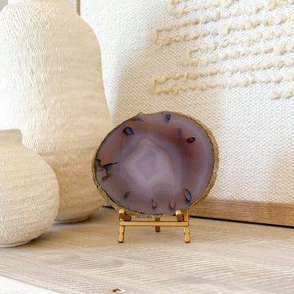 decorative blue agate slice on brass stand