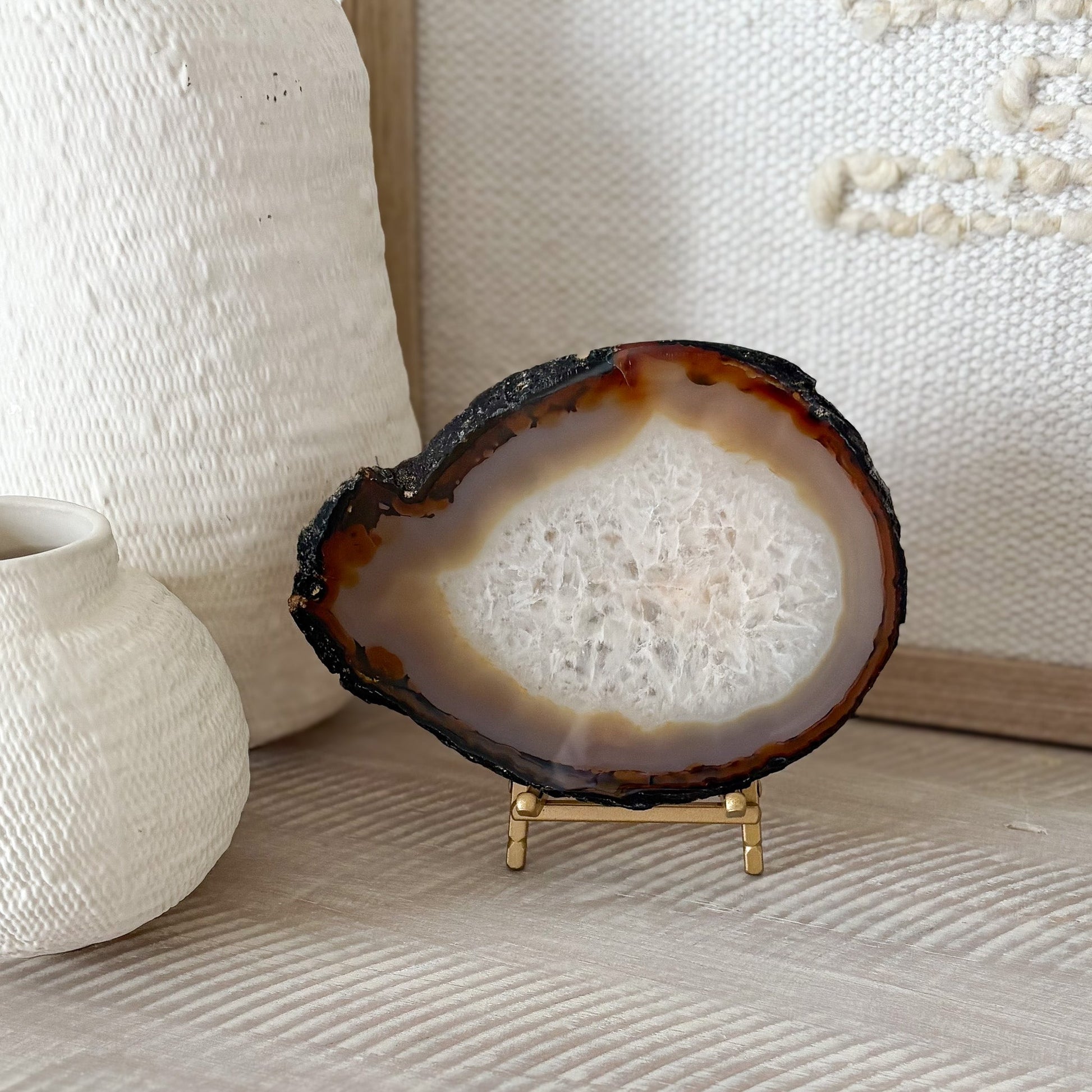 decorative agate slice on brass stand, modern organic home accents