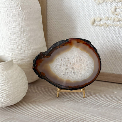 decorative agate slice on brass stand, modern organic home accents