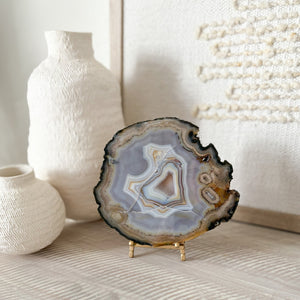 decorative agate druzy slice on brass easel stand, geode home decor