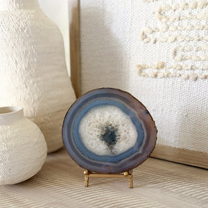 natural blue and white agate slice on brass stand, natural home accents, natural home decor