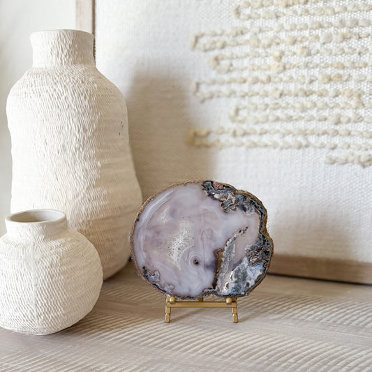 natural blue agate slice on brass easel stand