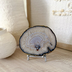 natural blue and white agate slice in silver easel stand